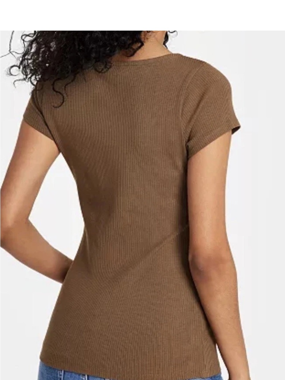 GUESS Brown Ribbed Scoop-Neck Short Sleeve Henley Top - Picture 4 of 8